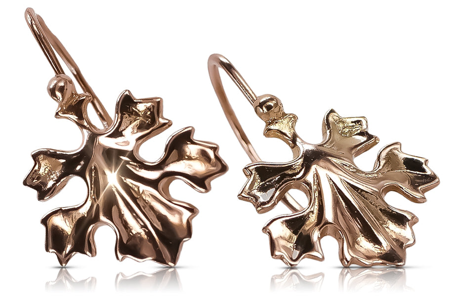 Rose pink 14k 585 gold  Vintage leaf earrings ven047