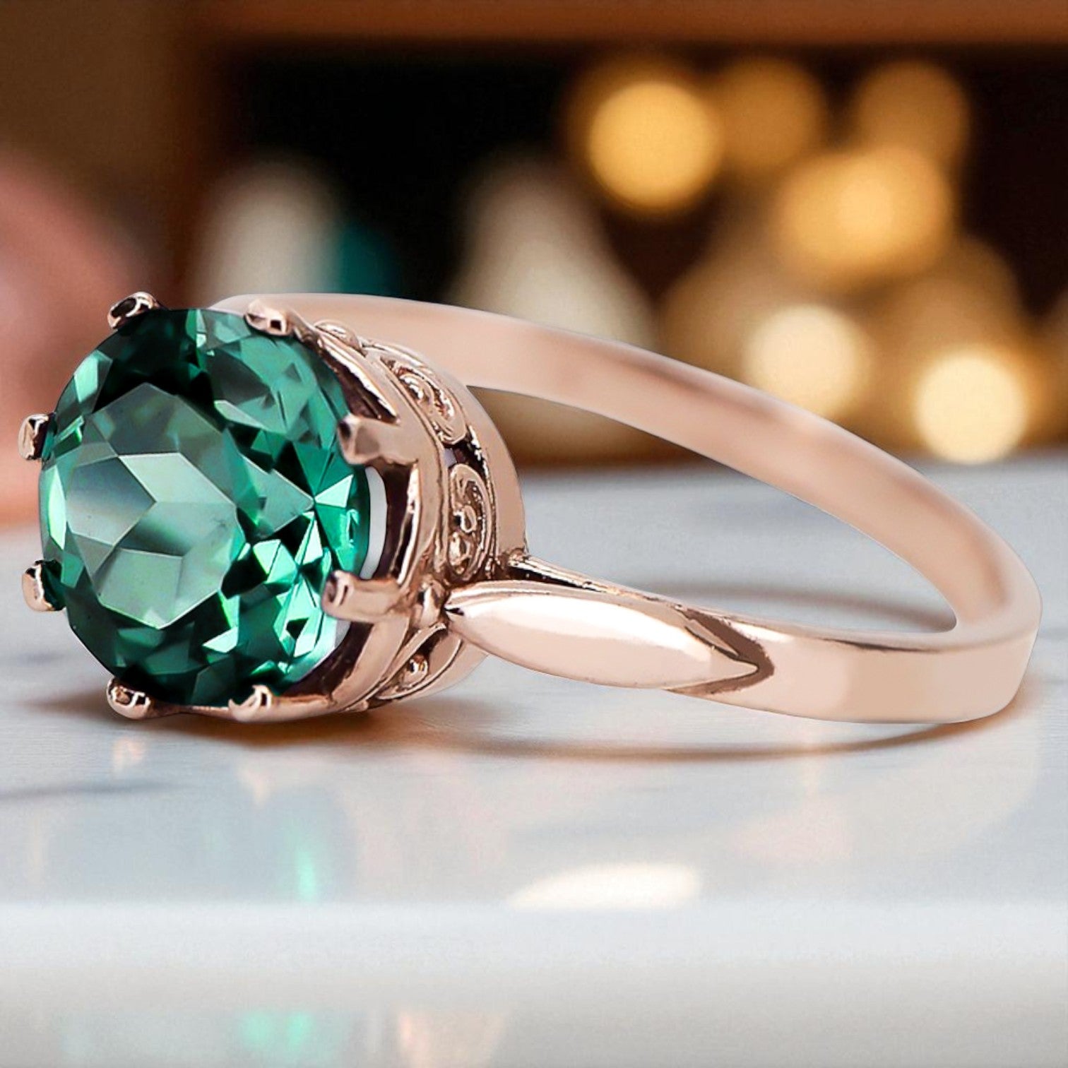 Ring Emerald Sterling silver rose gold plated Vintage craft vrc366rp