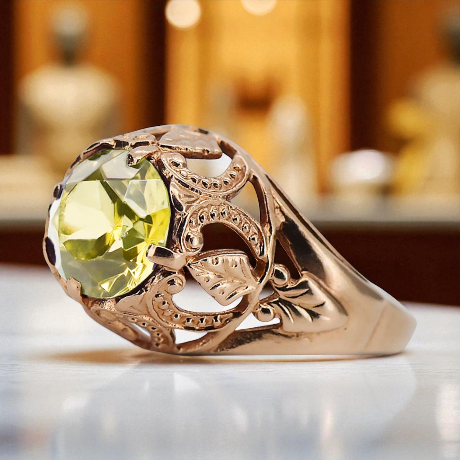 Ring Yellow Peridot Original Vintage 14K Rose Gold Vintage vrc080r