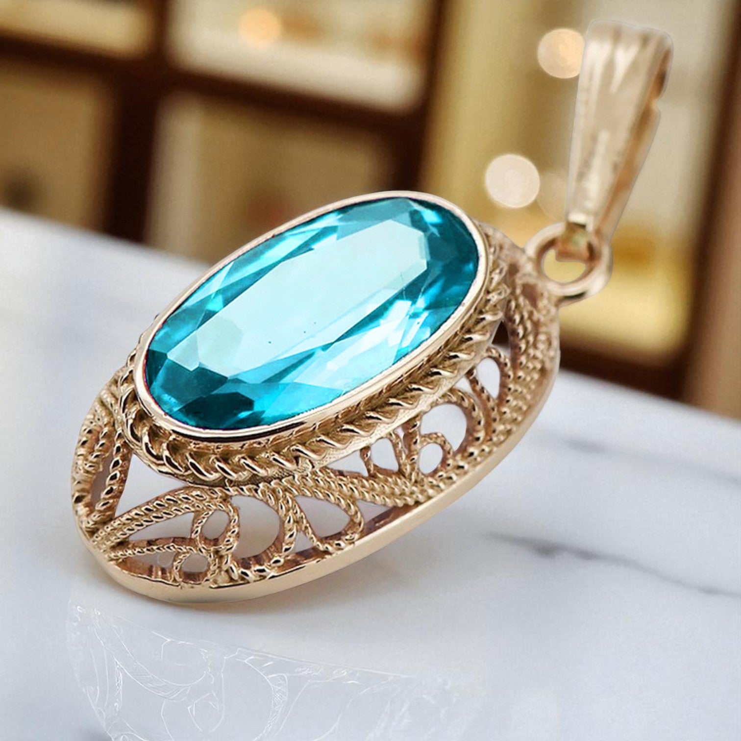 Vintage rose 14k 585 gold aquamarine pendant vpc014 Vintage