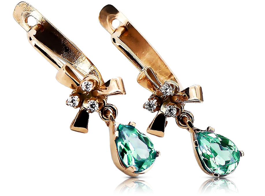 Rose pink 14k 585 gold emerald earrings vec045 Vintage Russian Soviet style