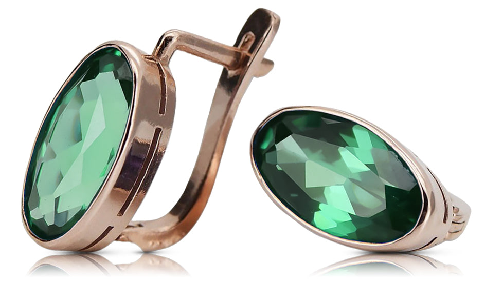 Rose pink 14k 585 gold emerald earrings vec001 Vintage Russian Soviet style