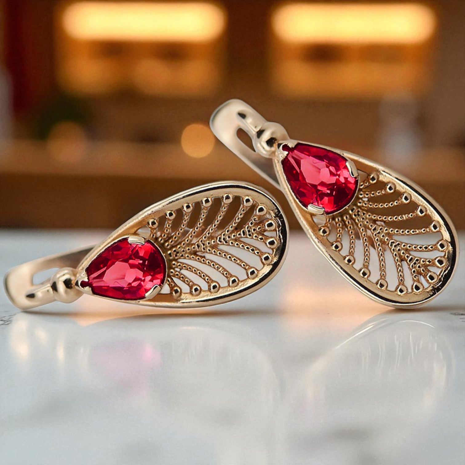 Vintage rose pink 14k 585 gold ruby earrings vec067 Vintage