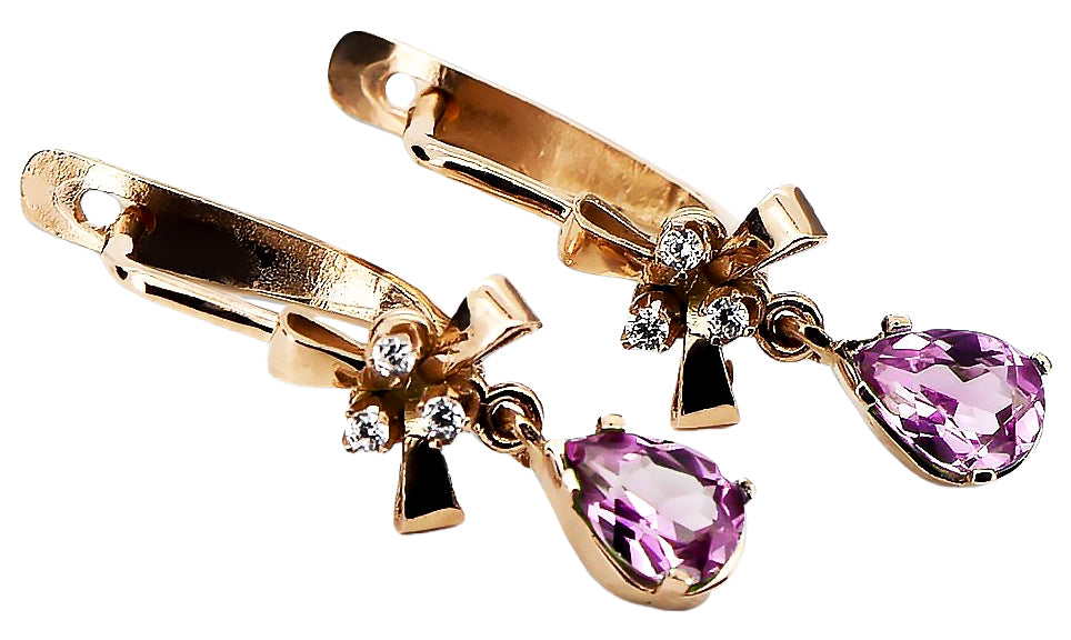 Rose pink 14k 585 gold amethyst earrings vec045 Vintage