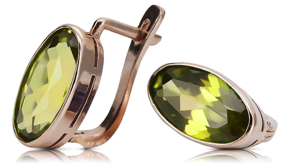 Rose pink 14k 585 gold peridot earrings vec001 Vintage Russian Soviet style