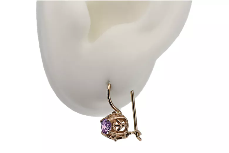 Винтажные серьги из розового золота 14k 585 украшенные аметистами vec145