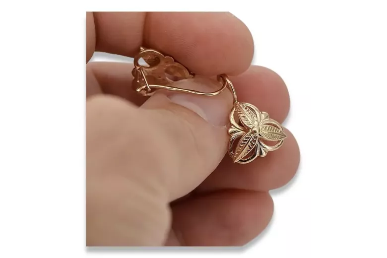 Vintage rose pink 14k 585 gold  Vintage leaf earrings ven064