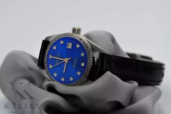 Blanca dama de oro de 14k Geneve reloj azul esfera lw078wdblz