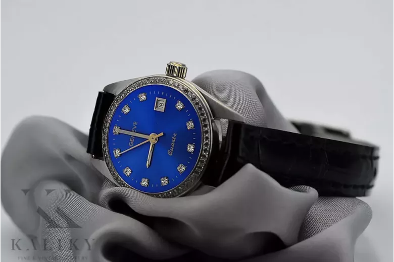 Zegarek damski z białego złota 14k Geneve lw078wdblz z niebieską tarczą