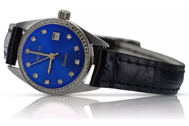 Zegarek damski z białego złota 14k Geneve lw078wdblz z niebieską tarczą