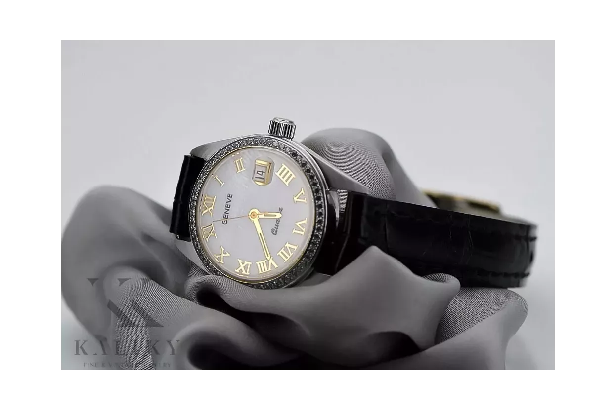 Zegarek damski z białego złota 14k Geneve lw078wdpr z perłową tarczą