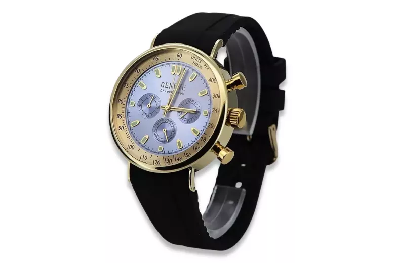 Złoty Zegarek Męski 14k, Niebieska Tarcza, Skórzany Pasek, 40mm