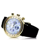 14K Goldene Herrenuhr, Blaues Zifferblatt, Lederarmband, 40mm