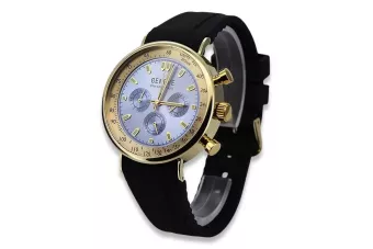 Montre Homme Or 14K, Cadran Bleu, Bracelet Cuir, 40mm