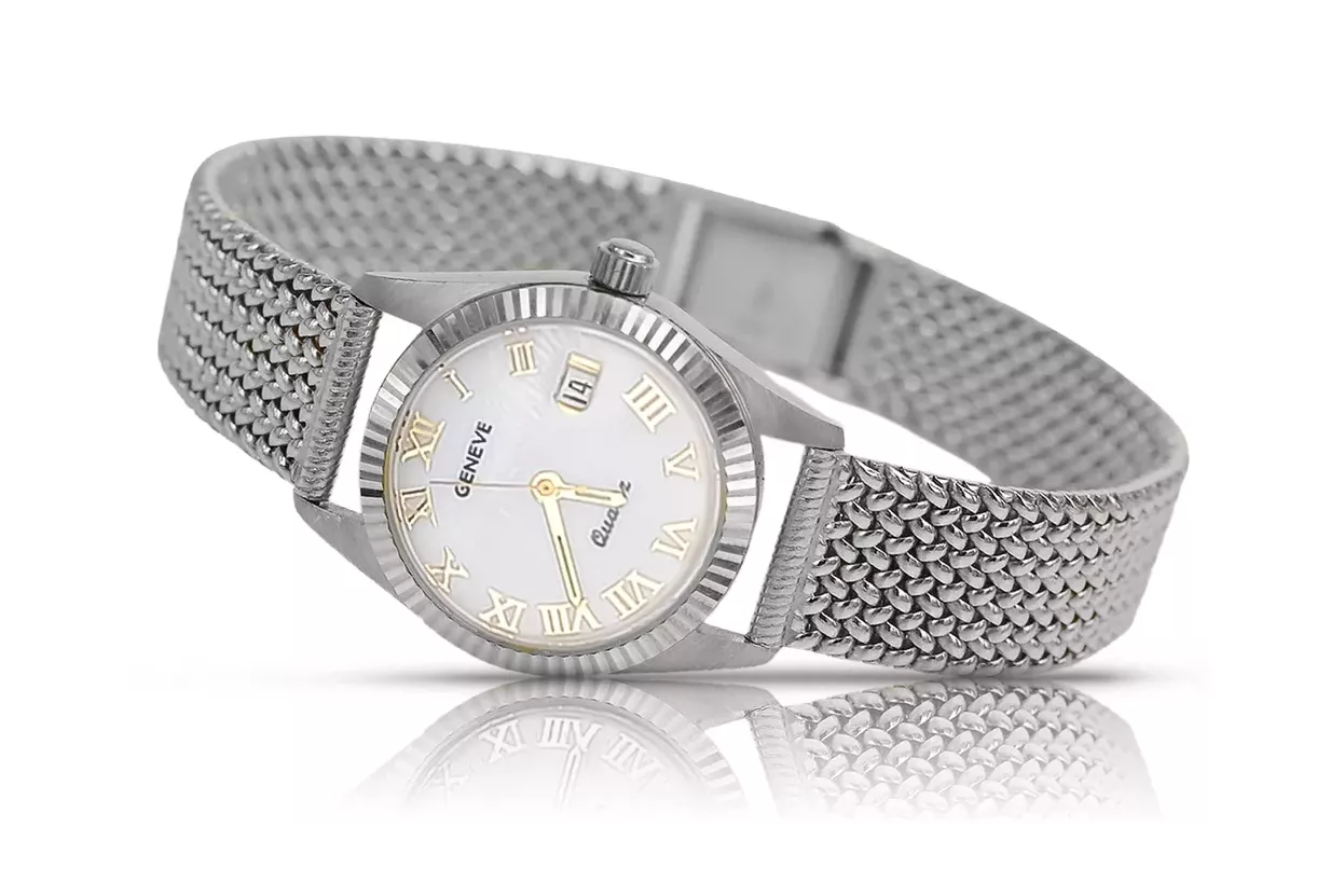 Montre femme en or blanc 14K, cadran nacré, quartz italien