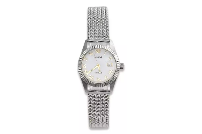 Reloj de señora de oro blanco 14K, esfera de perla, cuarzo italiano