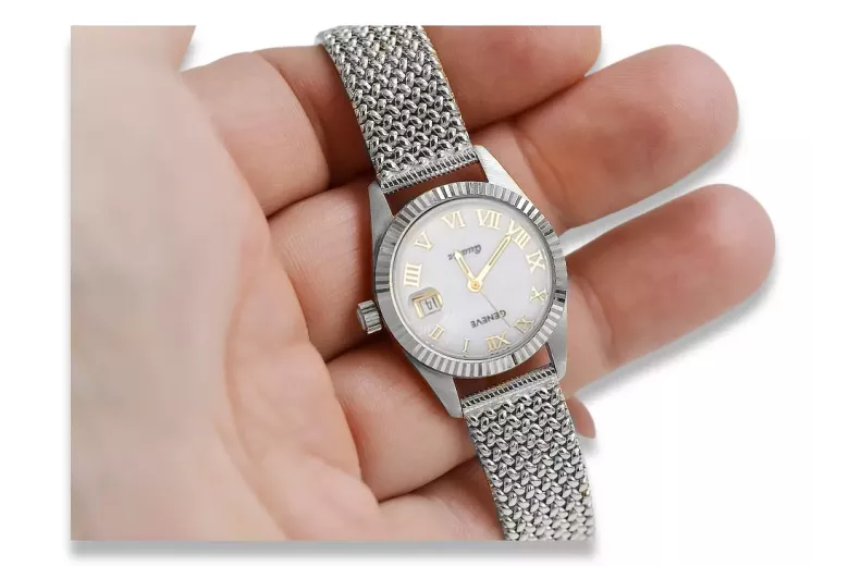 14K White Gold Ladies Watch, Pearl Dial, Italian Quartz