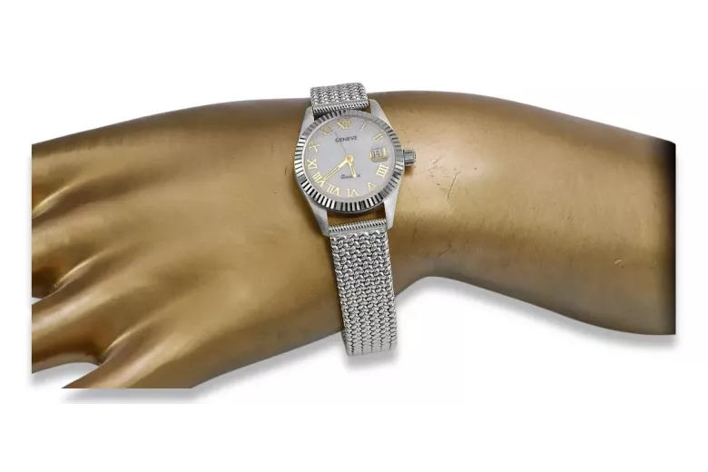 Reloj de señora de oro blanco 14K, esfera de perla, cuarzo italiano