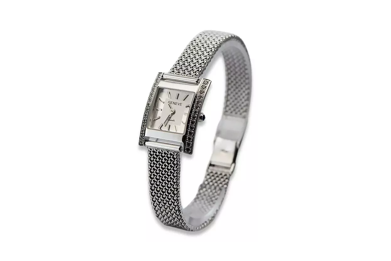 14K White Gold Diamond Watch, Rectangular 0.25ct, Italian