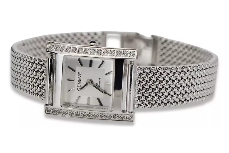 14K White Gold Diamond Watch, Rectangular 0.25ct, Italian