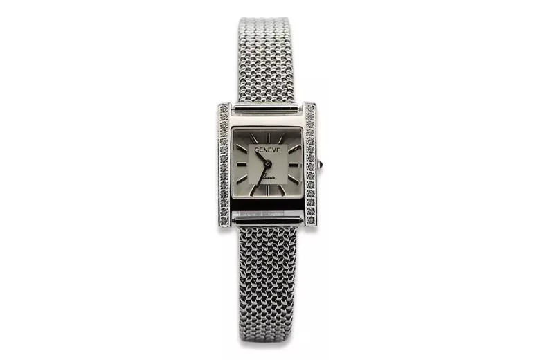 14K White Gold Diamond Watch, Rectangular 0.25ct, Italian