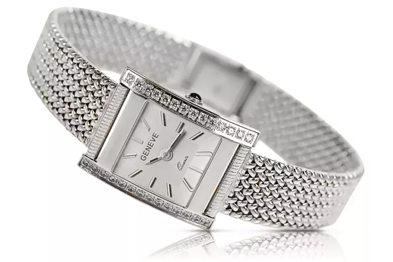 Montre en Or Blanc 14K, Diamant Rectangulaire 0.25ct, Italienne