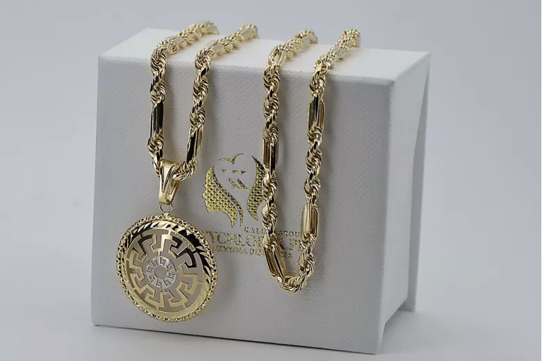 Colgante de estilo griego y cadena Corda Figaro de oro de 14 k cpn020yw&cc004y8g