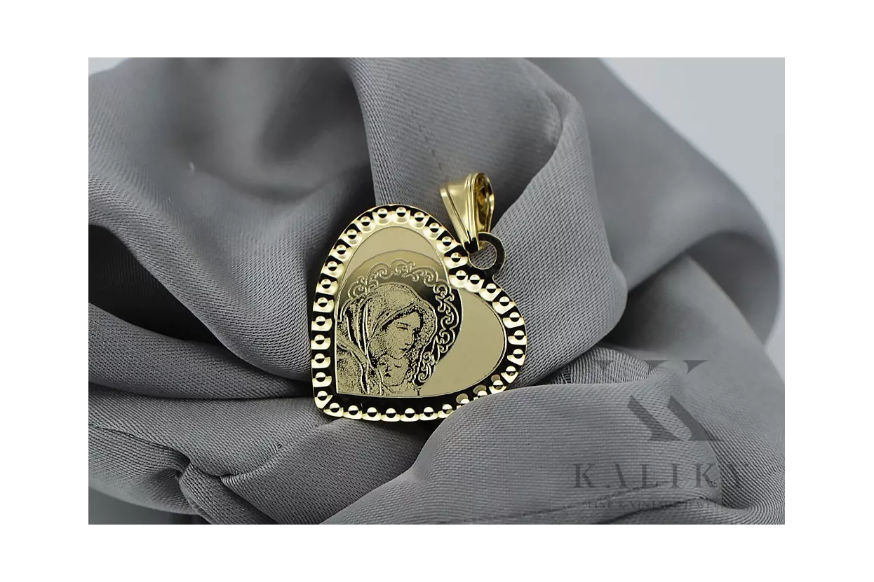 Gelber 14-Karat-Gold-Maria-Medaillon-Symbol-Anhänger pm029y