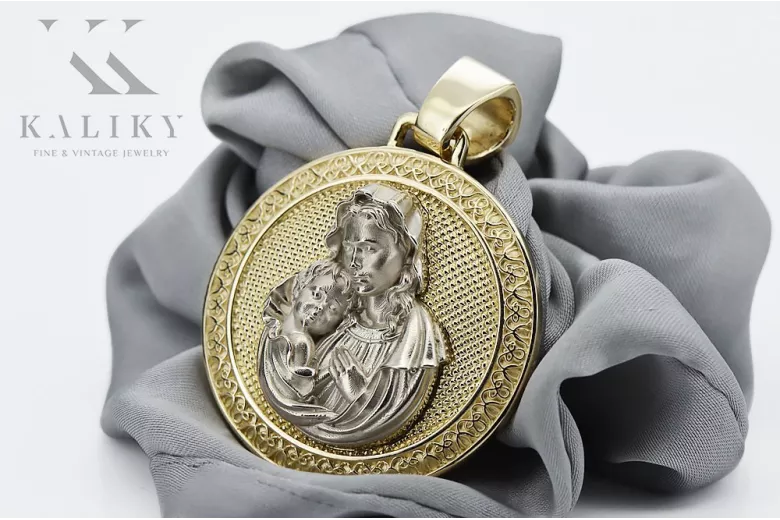 Yellow 14k gold Mary medallion hard icon pendant pm027yw