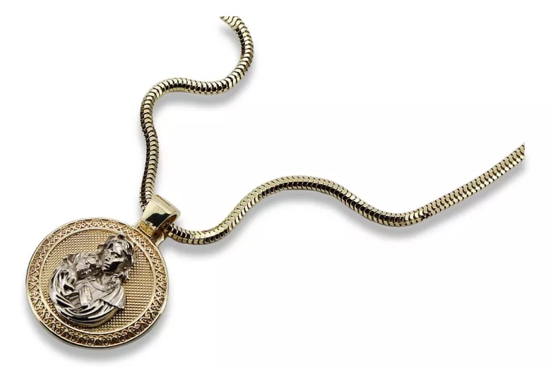 Pendentif Bozia en or 14 carats, Mère de Dieu avec une chaîne en corde pm027y&cc020y