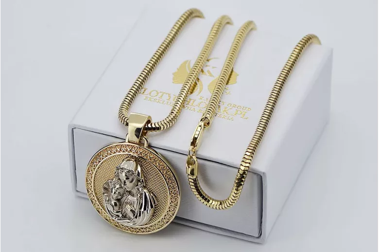 Pendentif Bozia en or 14 carats, Mère de Dieu avec une chaîne en corde pm027y&cc020y