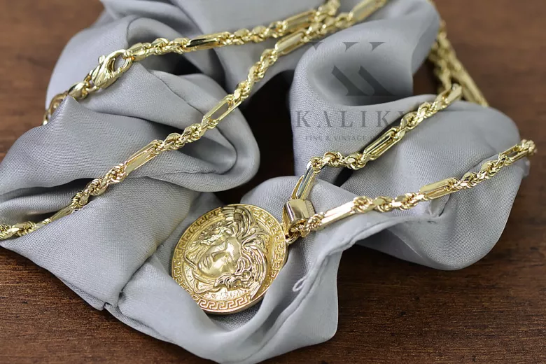 Greek style medallion Jellyfish & Corda Figaro 14k gold chain cpn049y20&cc004y45