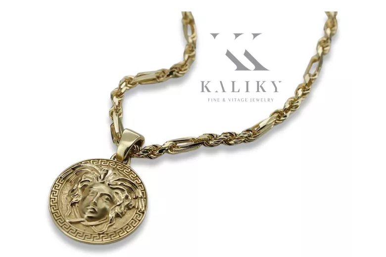 Greek style medallion Jellyfish & Corda Figaro 14k gold chain cpn049y20&cc004y45