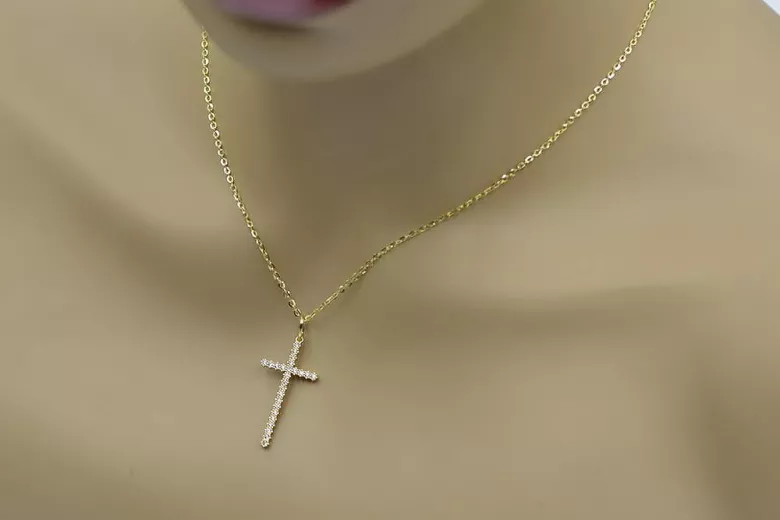 Goldkatholisches Kreuz mit Zirkonen 14k 585 Kreuzanhänger mit Jesus Gelb-Weißgold ctc029y