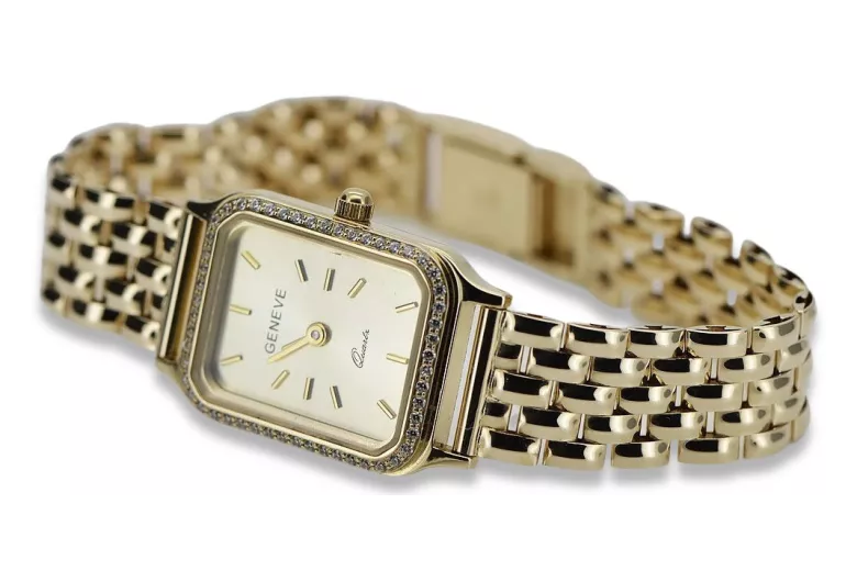 14K Gold Rectangular Women's Watch with Zirconia, Italian Design