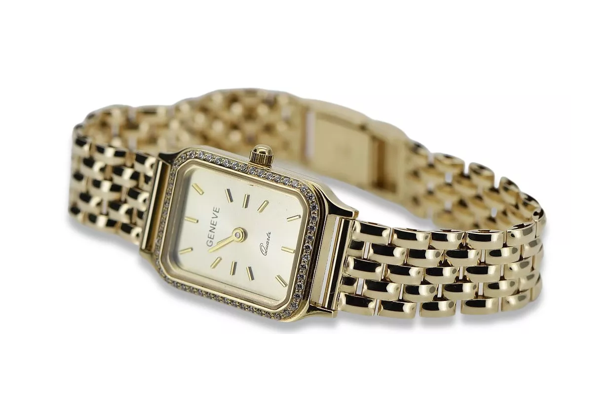 Montre Femme Rectangulaire en Or 14K avec Zircone, Design Italien