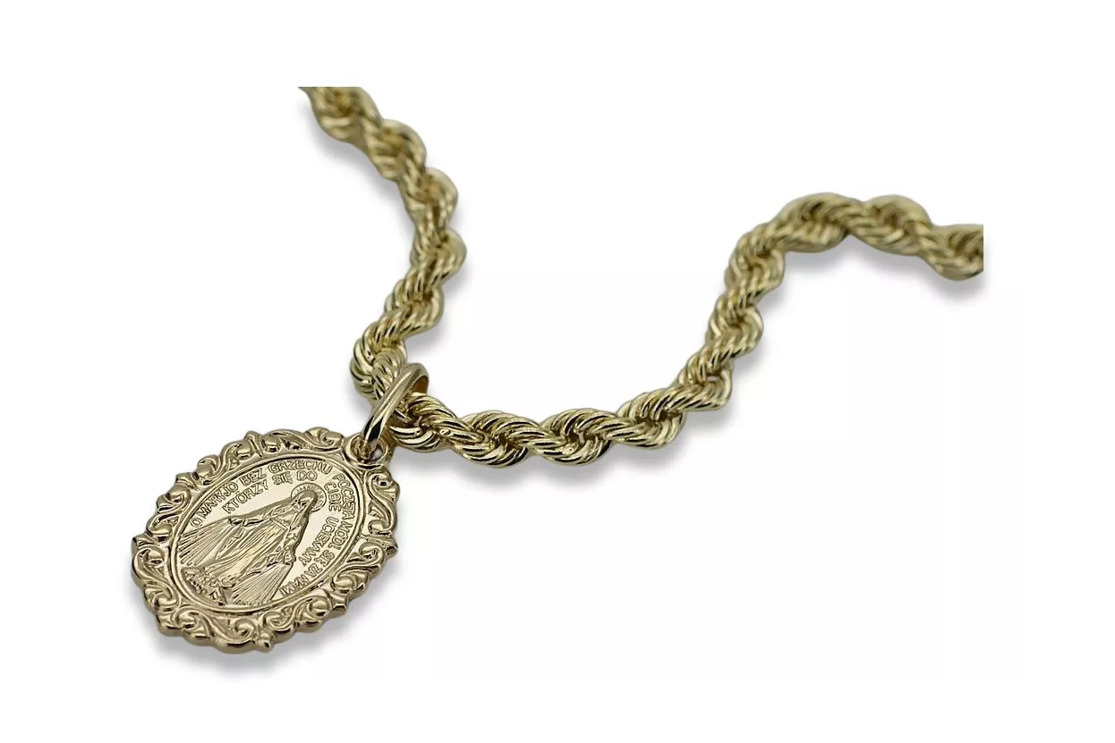 Or 14k 585 Mère de Dieu vierge Marie médaillon pendentif & chaîne Corda pm005y&cc019y