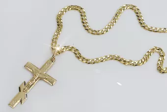 Pendentif en croix orthodoxe en or jaune 14k 585 avec chaîne Gurmeta oc001y&cc001y4mm