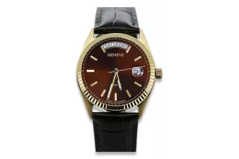 Yellow 14k gold men's women's Geneve brown dial watch mw013ydbr