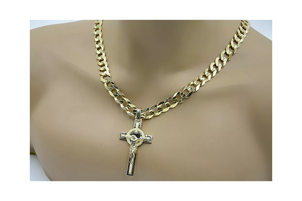 Croix catholique italienne jaune 14 carats et chaîne gourmande