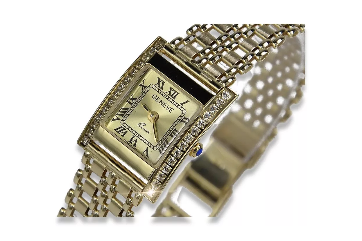 14K Gold Rectangular Women's Watch with Cubic Zirconia