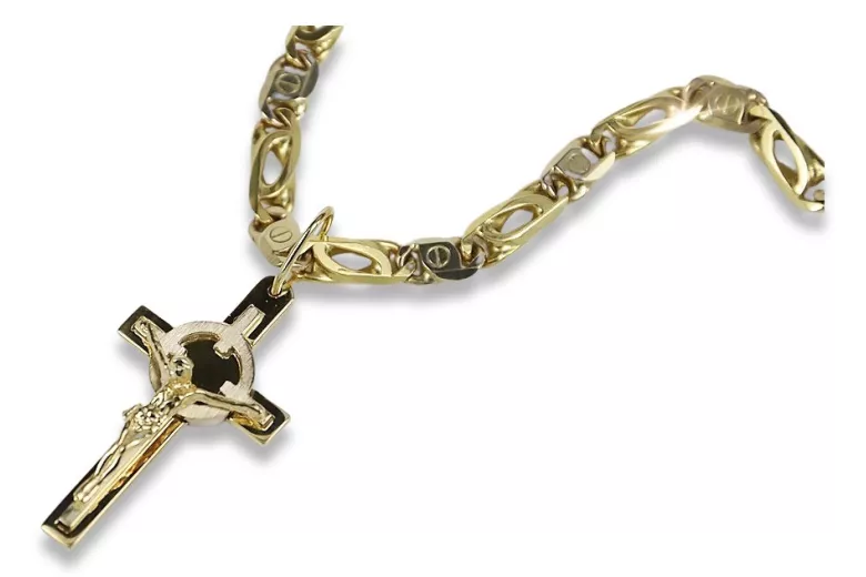 Croix et chaîne catholiques en or jaune blanc 14 carats italien