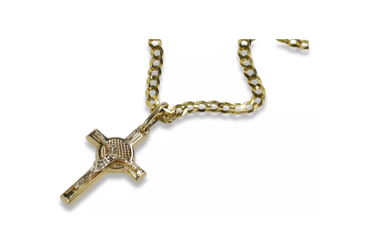 Italian yellow 14k gold Catholic cross & Gourmette chain