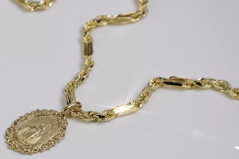 Yellow gold Mother of God medallion & chain Corda Figaro