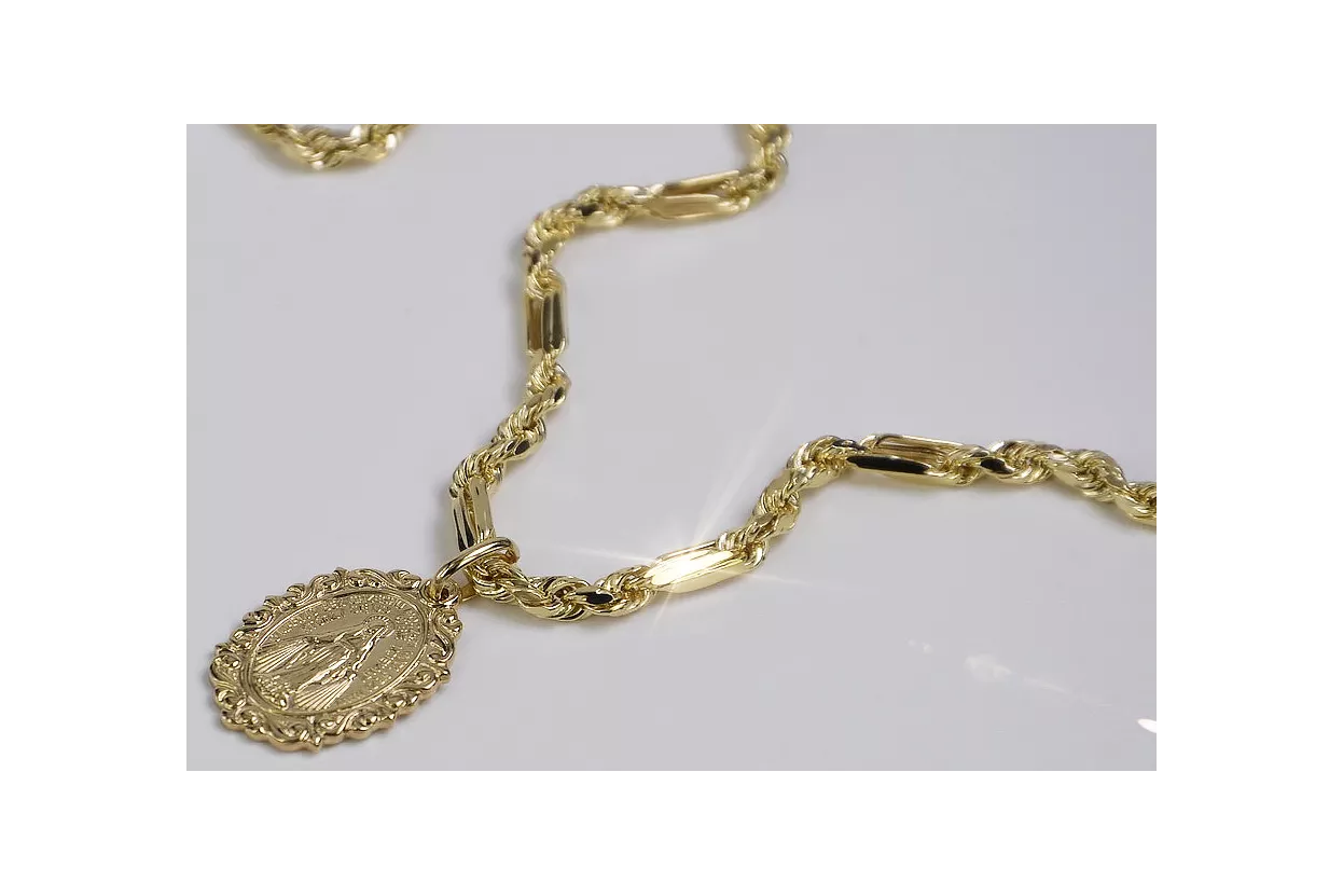 Yellow gold Mother of God medallion & chain Corda Figaro