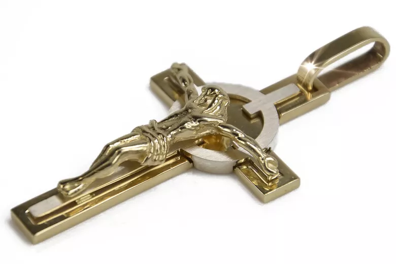 Croix catholique italienne jaune blanc 14 carats & Chaîne élégante