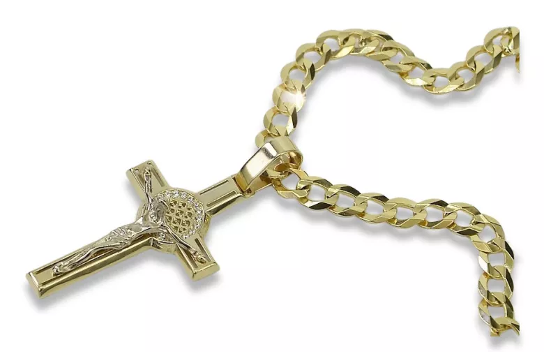 Yellow 14k gold Catholic cross & Gourmette chain ctc024yw&cc001y