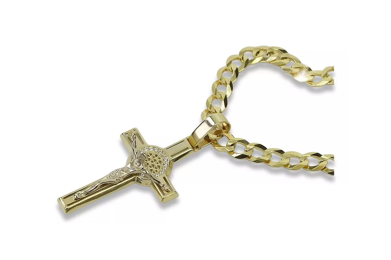 Gelbe 14 Karat Gold Katholische Kreuz & Gourmette Kette ctc027yw&cc001y