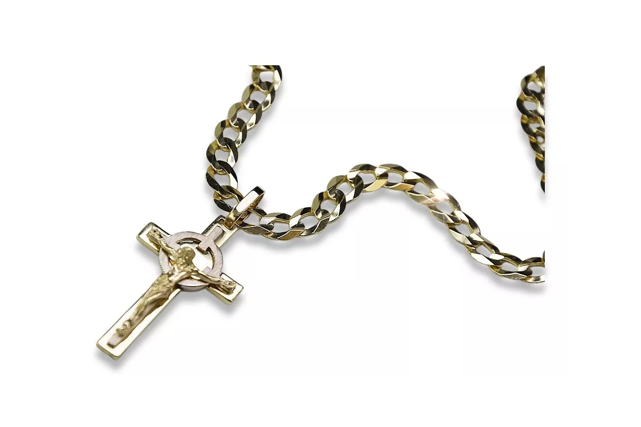 Croix catholique italienne jaune 14 carats et chaîne gourmande ctc010yw&cc001y