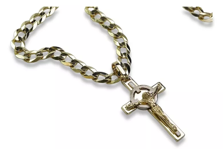 Croix catholique italienne jaune 14 carats et chaîne gourmande ctc010yw&cc001y